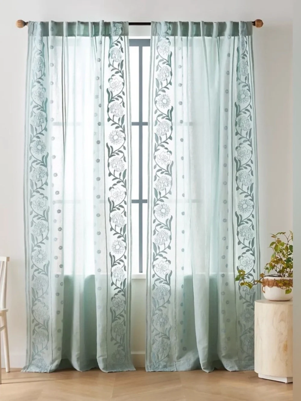 Anthropologie Manette Embroidered Cotton Linen Sheer Curtain 50 x 108 NWT